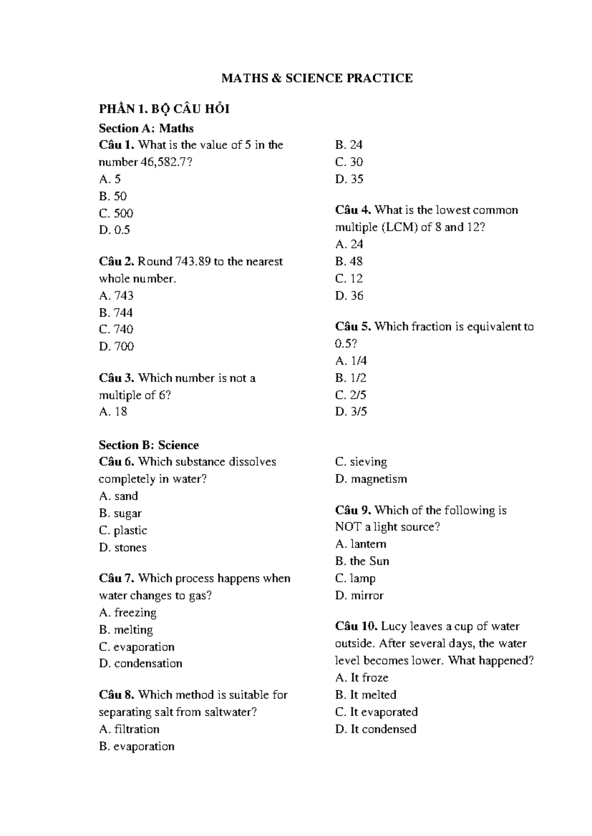 MATHS SCIENCE PRACTICE PHẦN 1: ÔN TẬP CÂU HỎI MỚI - Studocu
