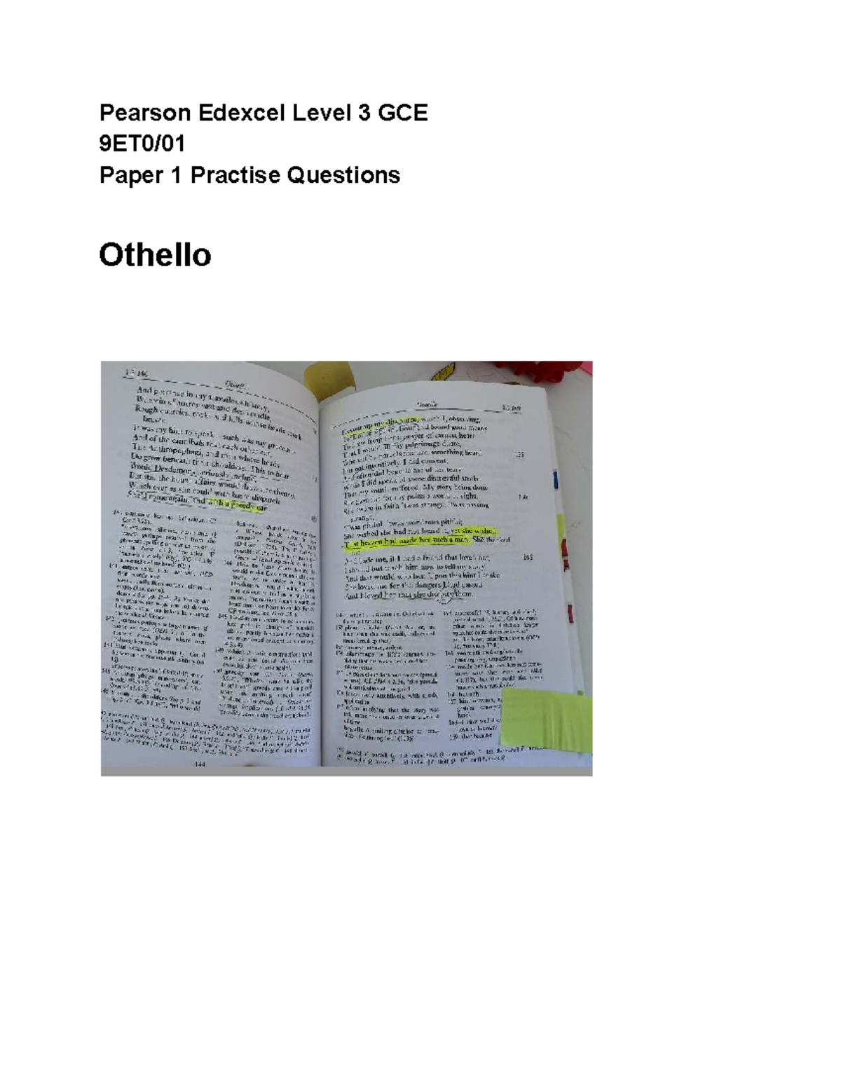 Edexcel 9ET0 Paper 1 Practice Questions: Othello Revision Tools - Studocu
