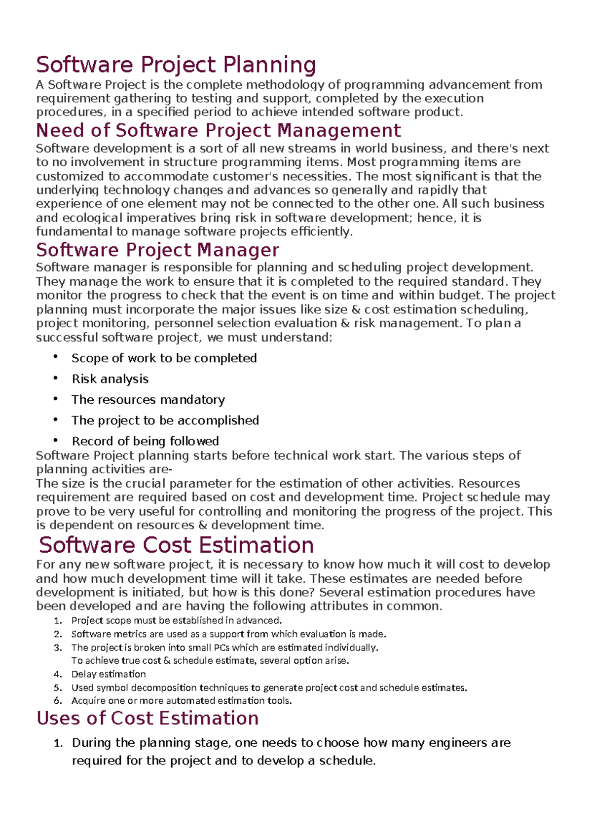 SPM 301: Software Project Management - Unit 3 Overview - Studocu