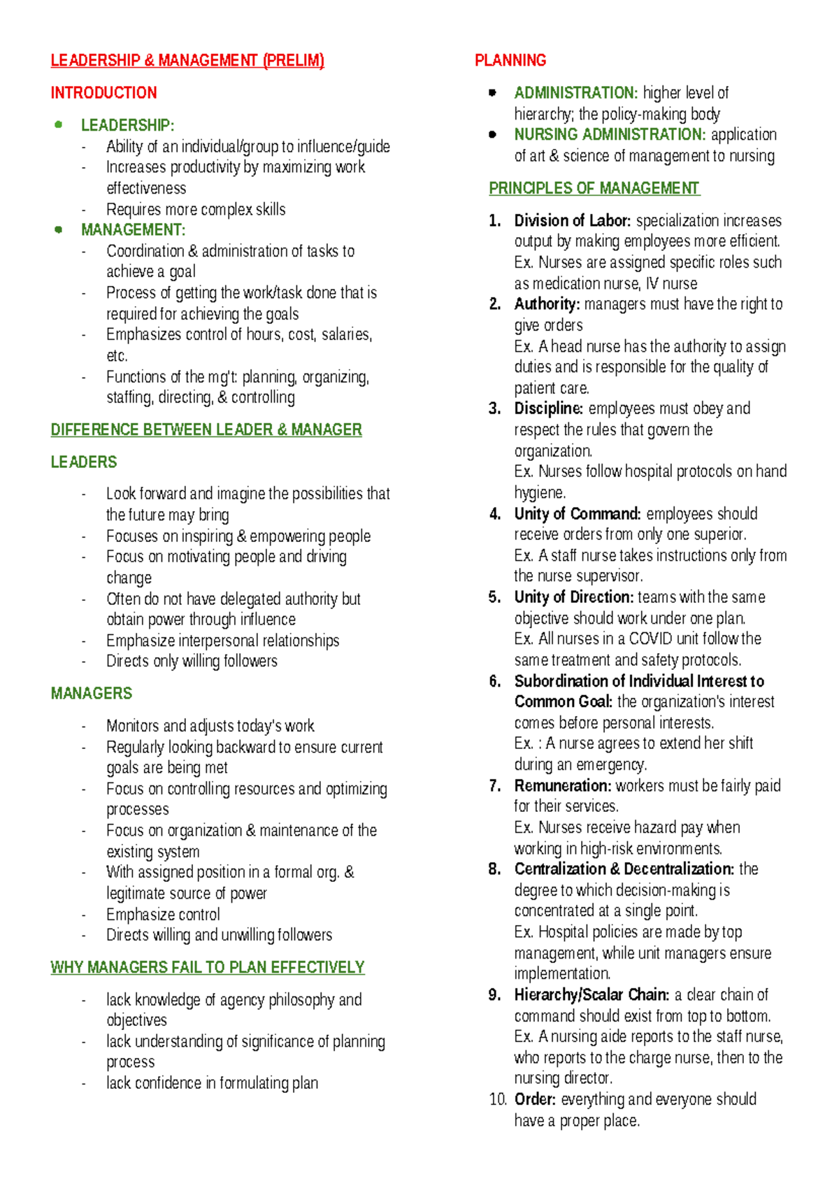 NSG 101 Leadership and Management Prelim Review Notes - Studocu