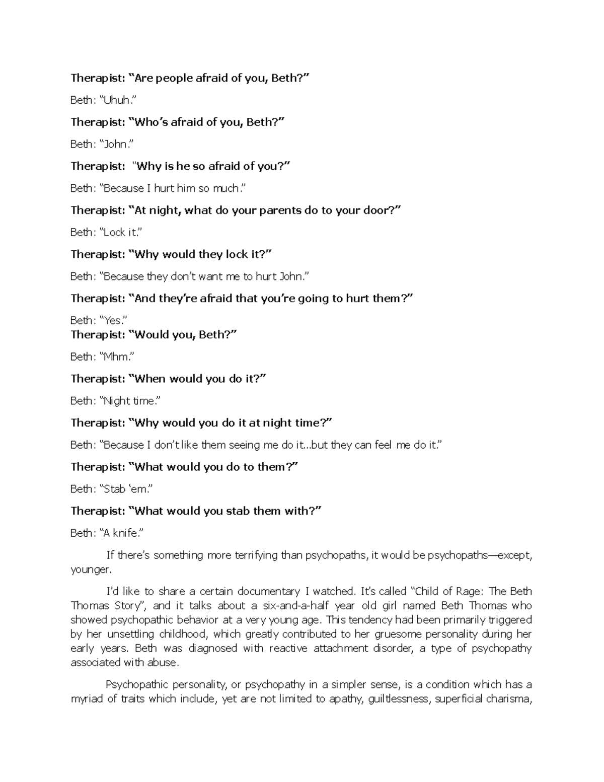 Reflection Paper - Psychopathic Child Behaviors - Therapist: “Are ...