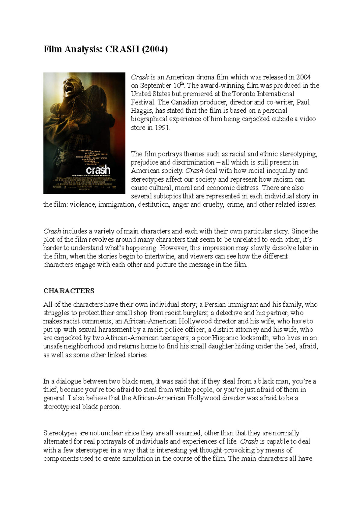 CRASH (2004): A Comprehensive Analysis of Themes and Characters - Studocu