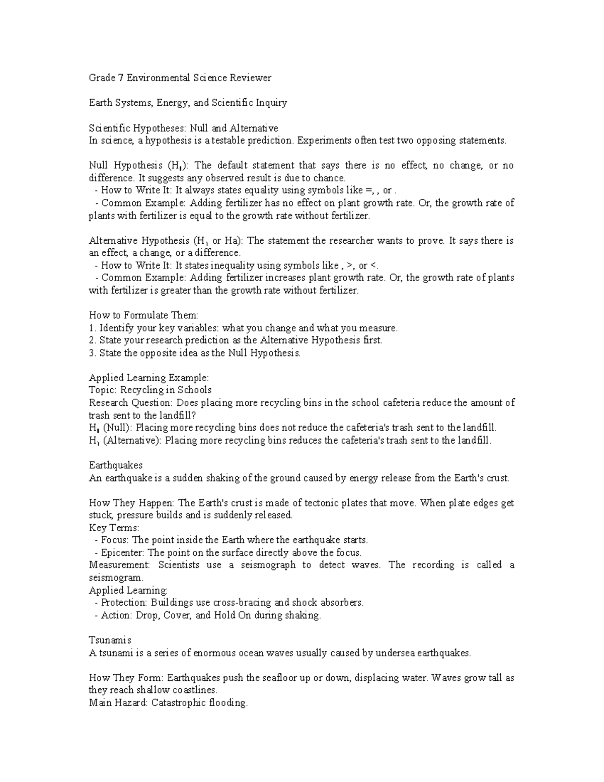Grade 7 Environmental Science Final Exam Reviewer: Earth Systems ...