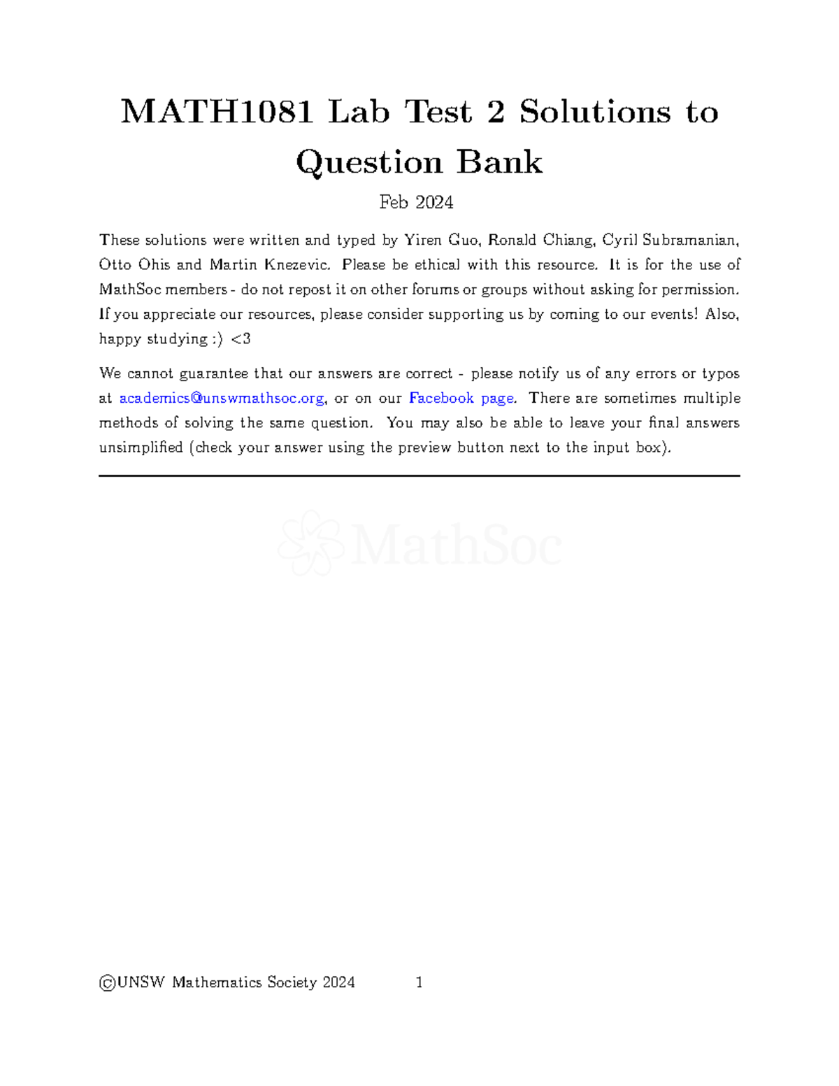 MATH1081 Lab Test 2 2024 - MATH1081 Lab Test 2 Solutions to Question ...