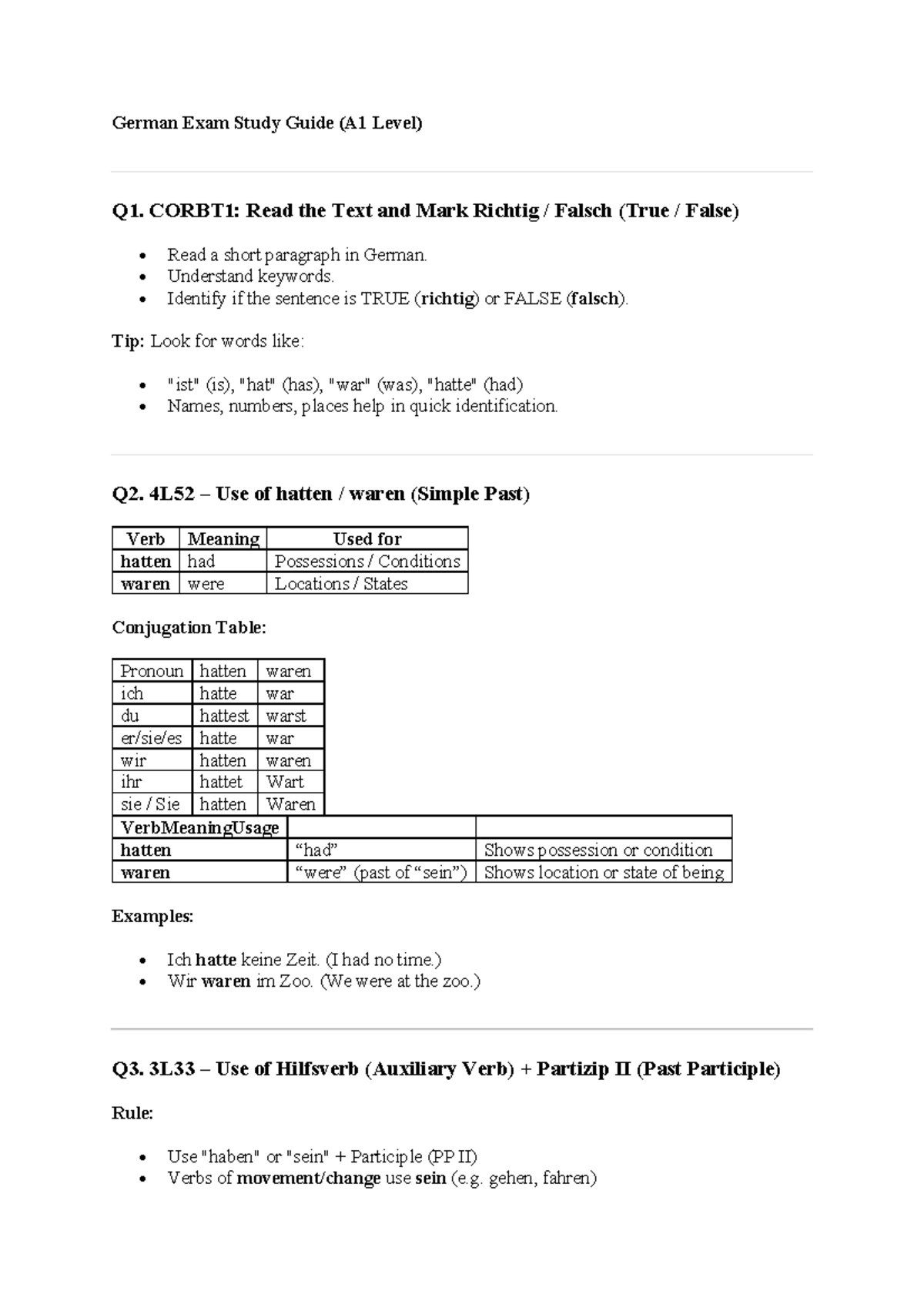 German A1 Level Exam Study Guide: Key Concepts & Practice - Studocu