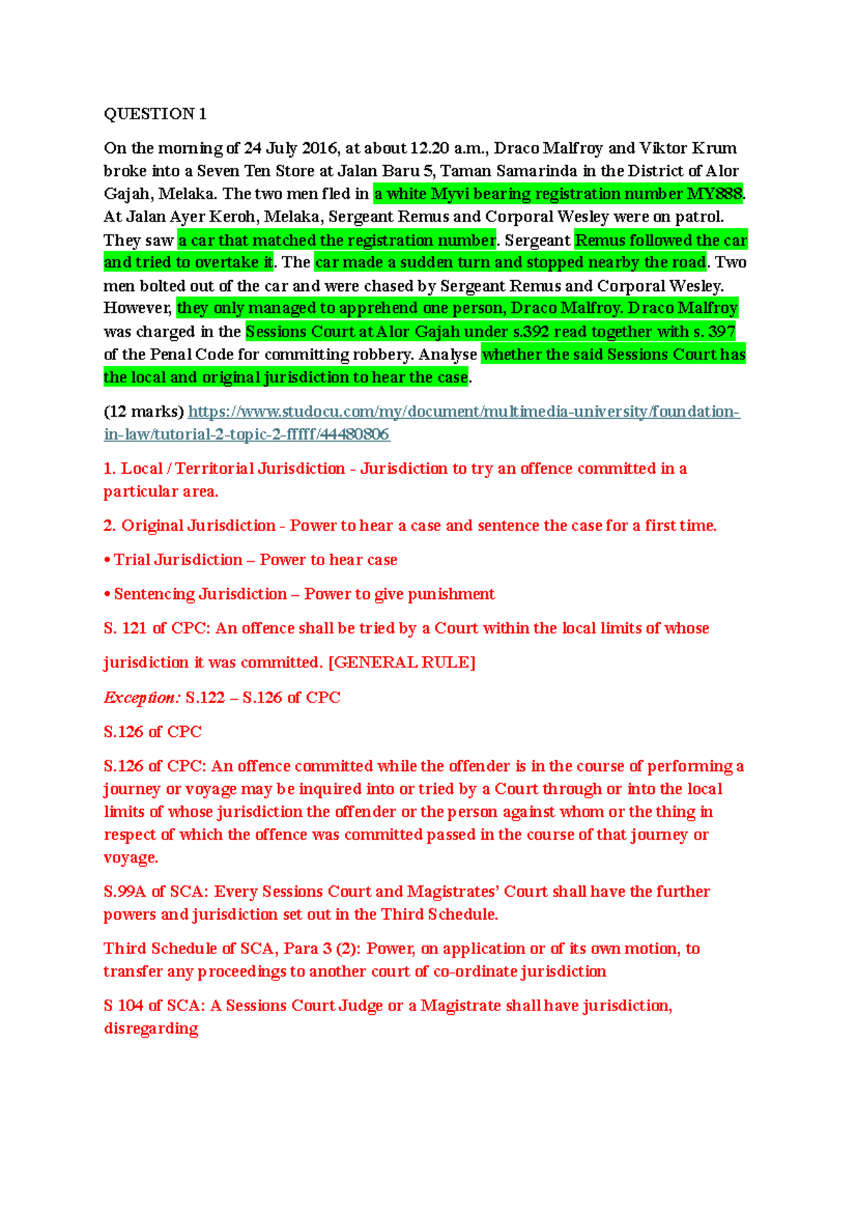 Criminal Procedure Tuto 2: Jurisdiction Analysis and Case Studies - Studocu
