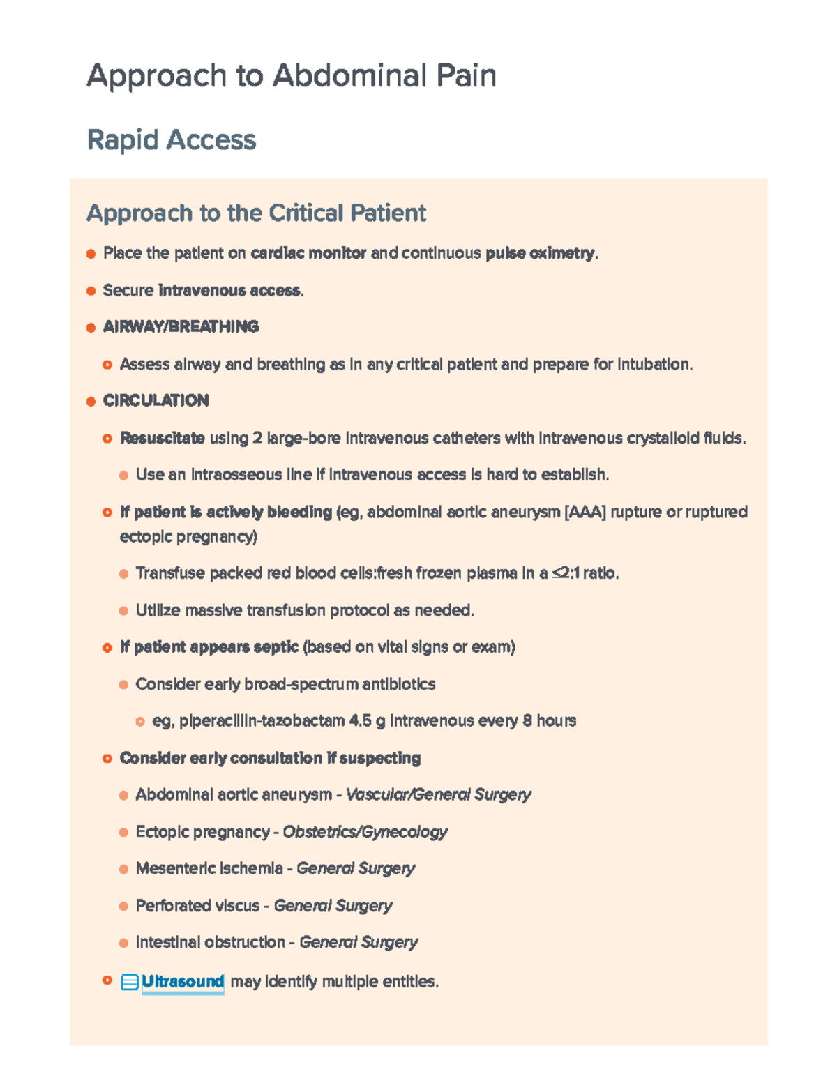 Approach to Abdominal Pain: EMRAP Critical Care Guidelines - Studocu