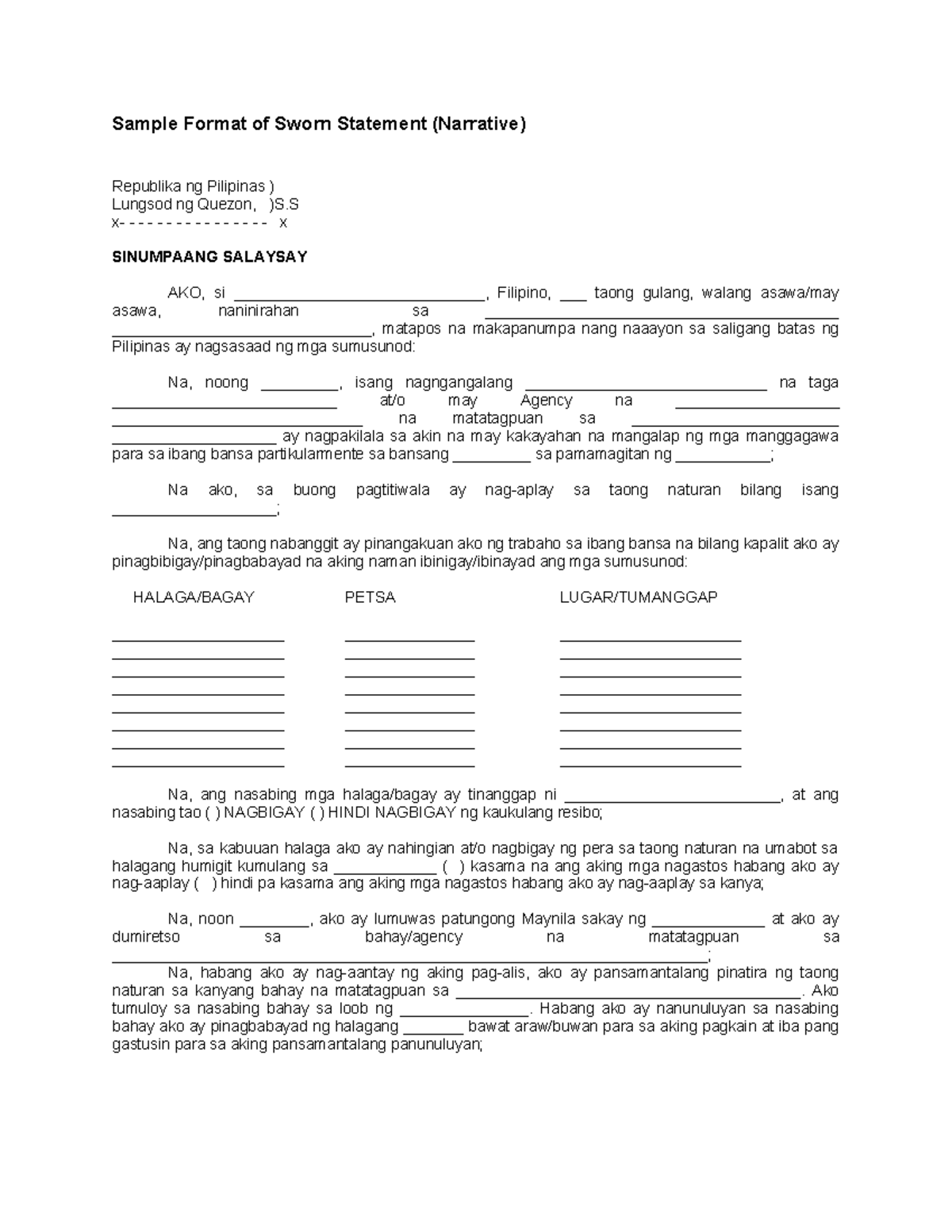 Sample Format of Sworn Statement (Narrative) - Sample Format of Sworn ...