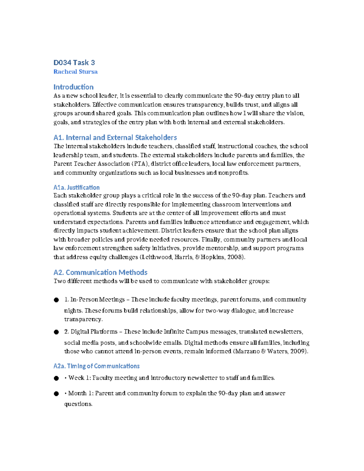 D034 Task 3: Communication Plan for School Leadership Entry - Studocu