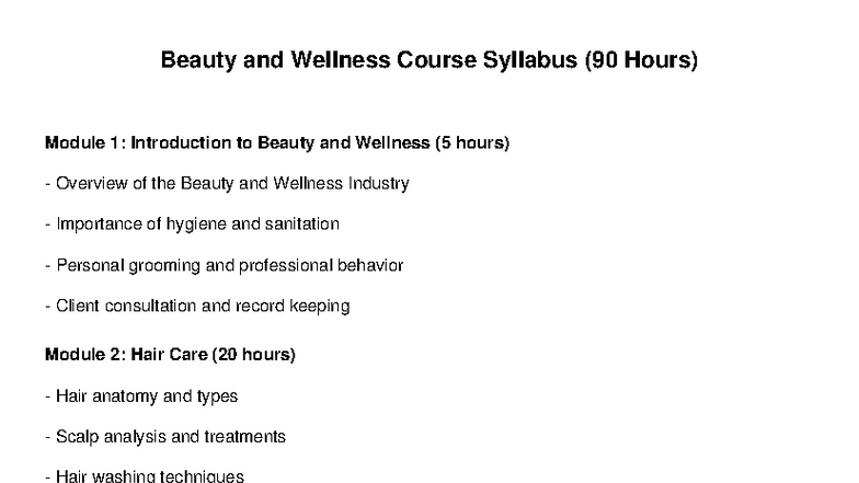 Beauty and Wellness Course Syllabus (90 Hours) Overview - Studocu