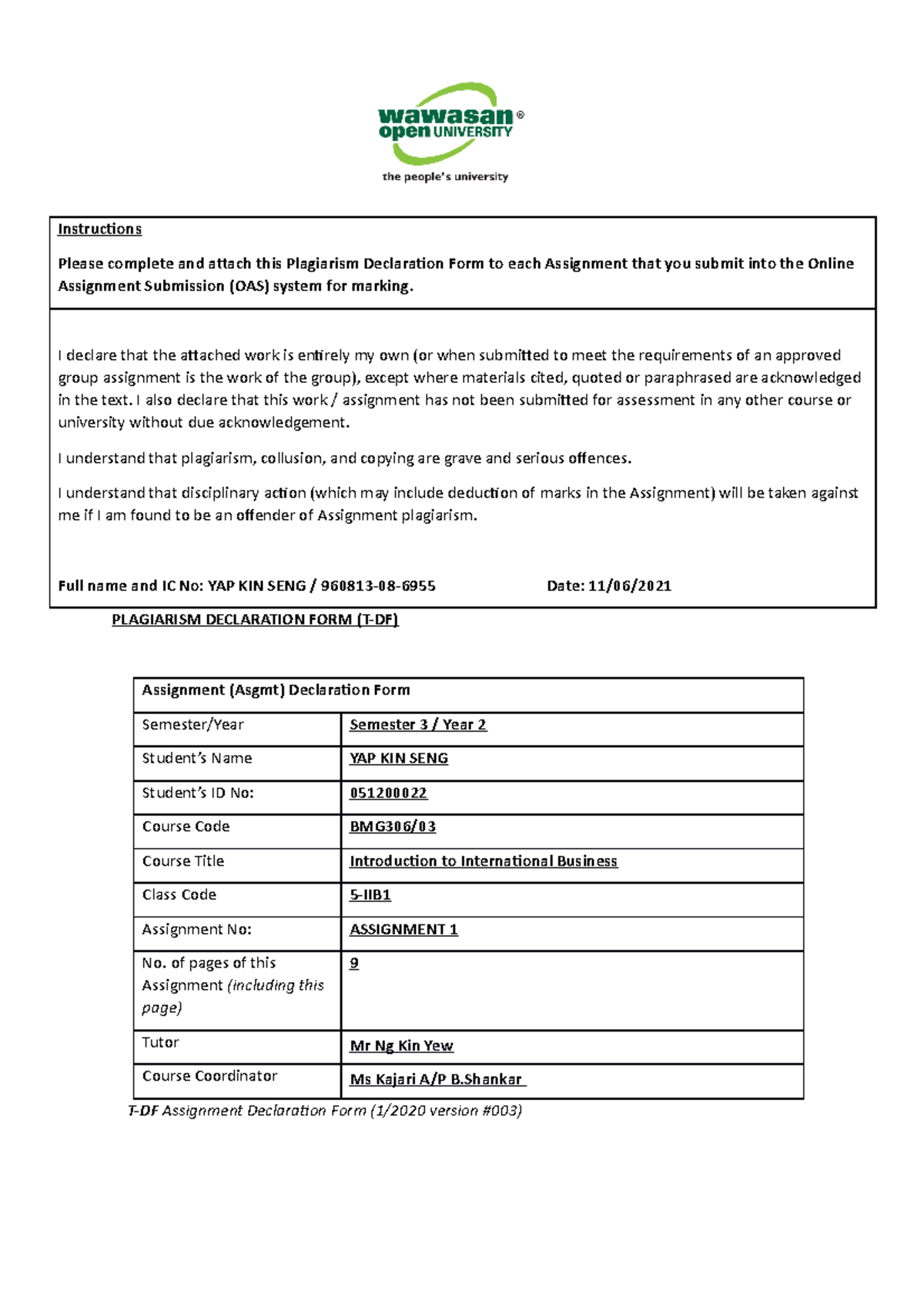 BMG306 5-IIB Assignment 1: Plagiarism Declaration & Analysis of Tech ...