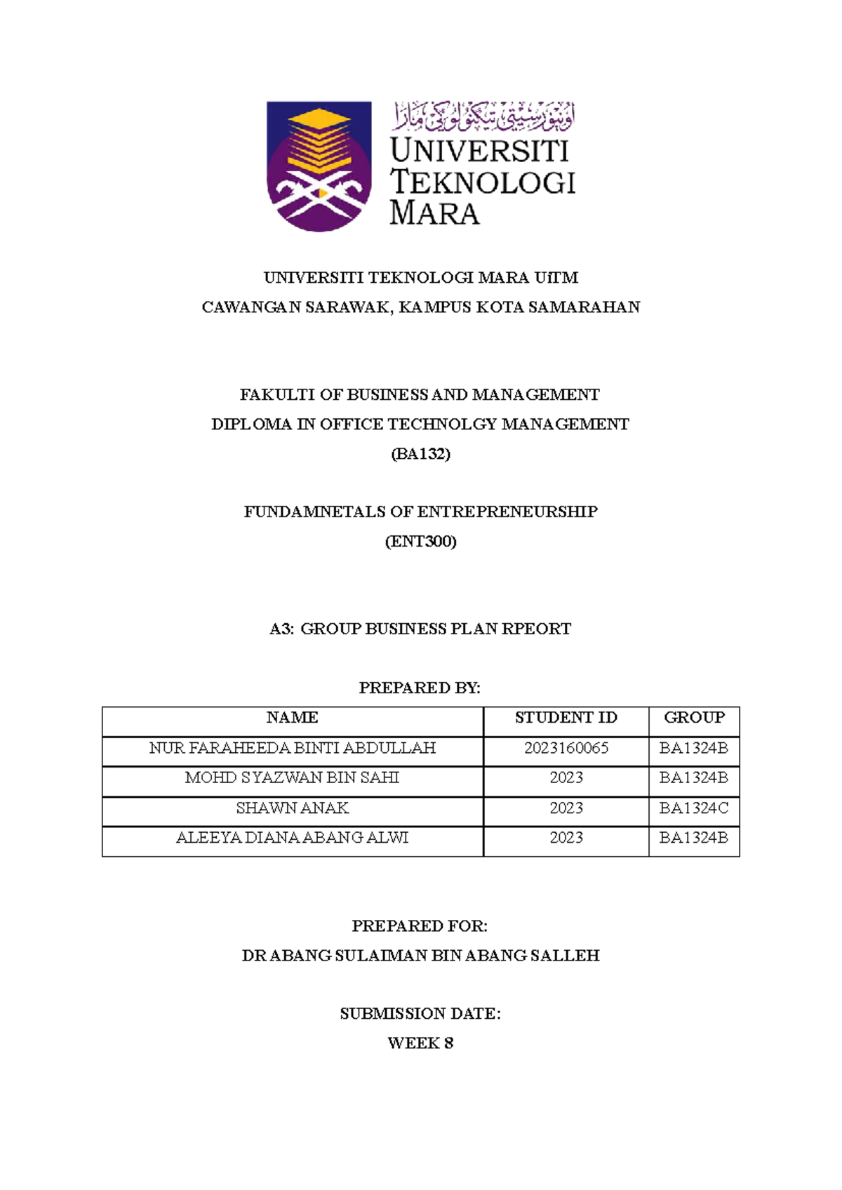 ENT300 Group Business Plan Report - A3 for BA132 Diploma in Office Tech ...