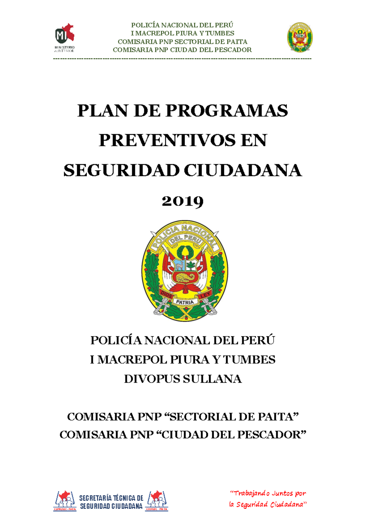 PLAN DE PROGRAMAS PREVENTIVOS EN SEGURIDAD CIUDADANA 2019 - Studocu
