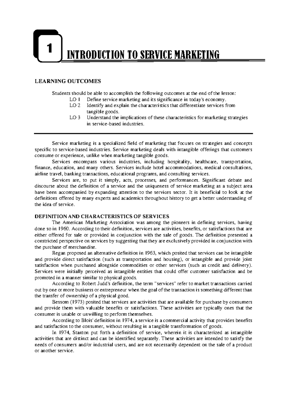 Lesson 1: Introduction to Service Marketing and Key Learning Outcomes ...