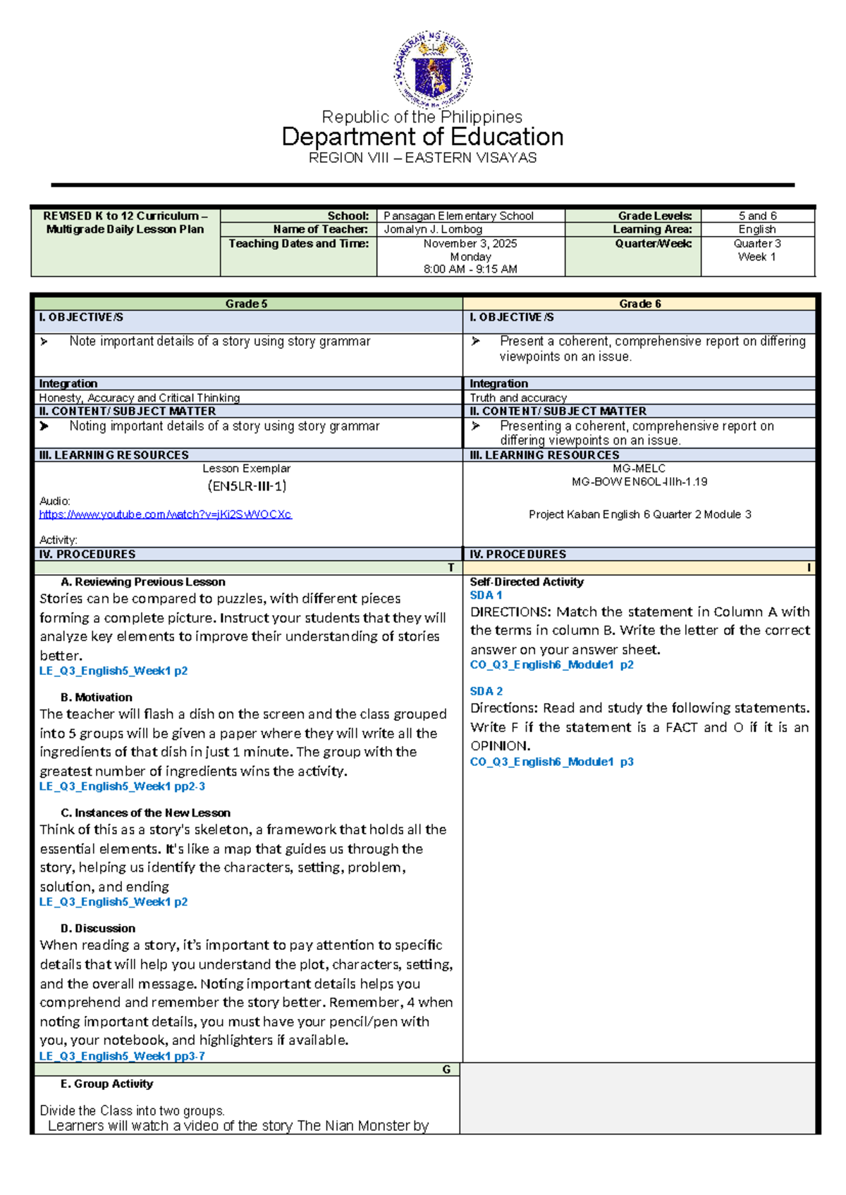 K to 12 Curriculum: Multigrade Daily Lesson Plan for English 5 & 6 ...