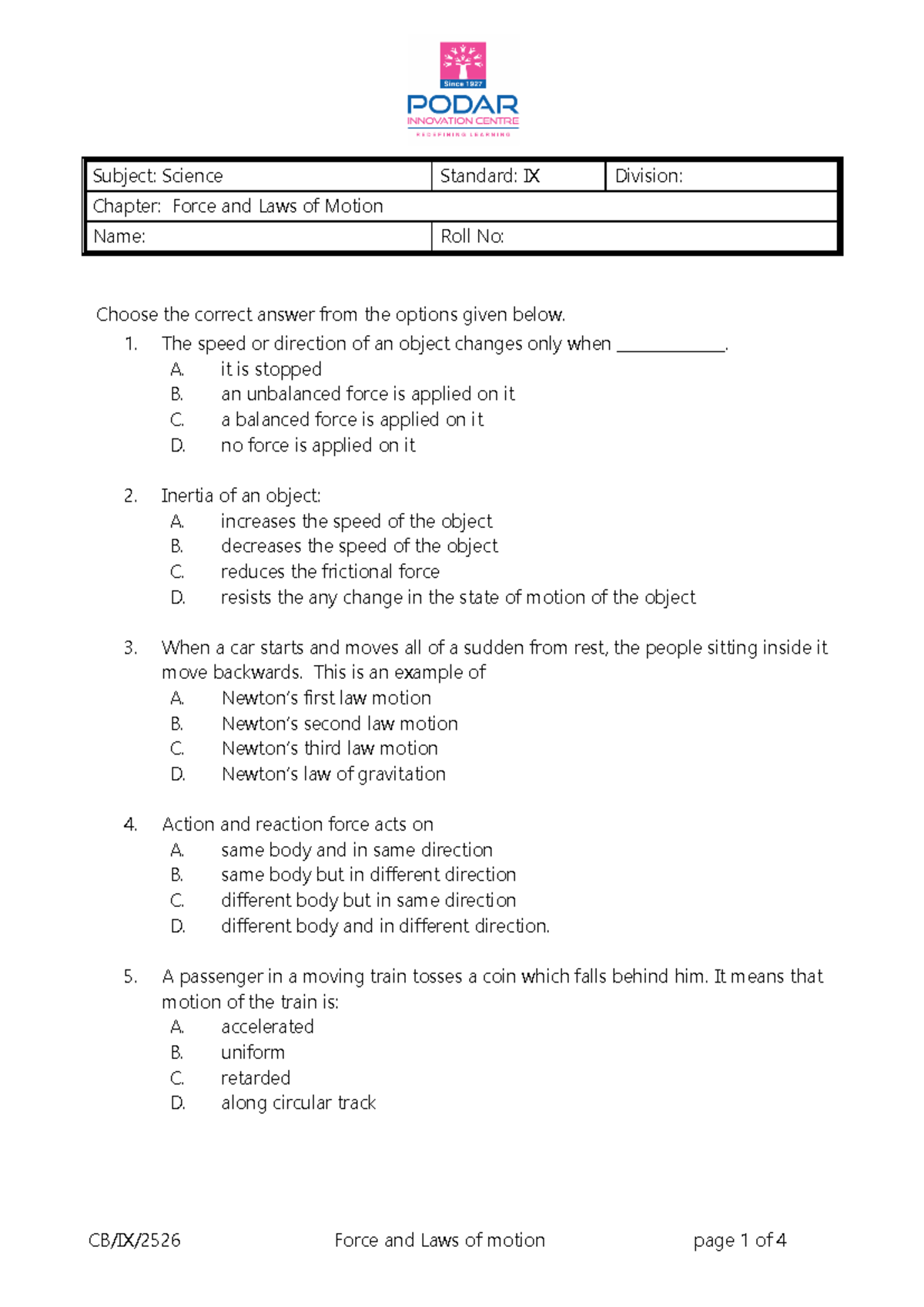 PS CB IX Sci Chapter: Force and Laws of Motion Quiz Questions - Studocu