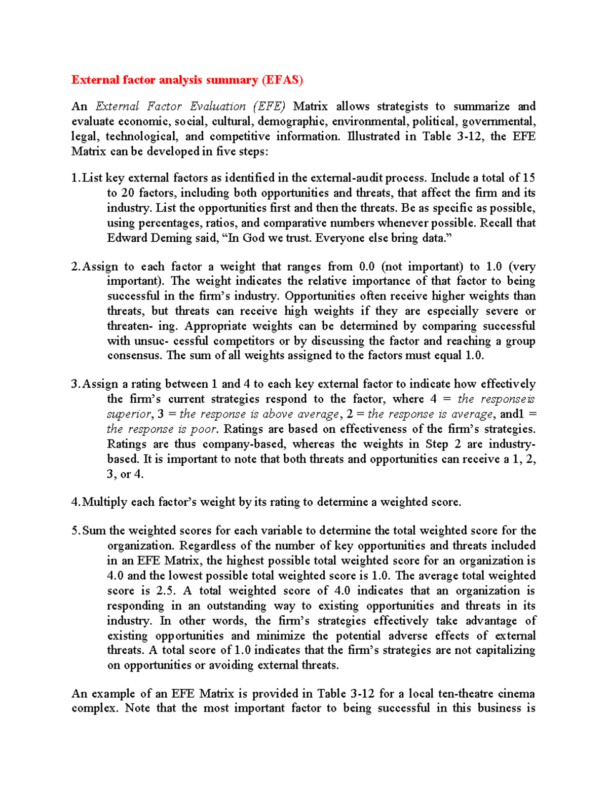 EFAS & IFAS Analysis Summary for Strategic Evaluation - Studocu