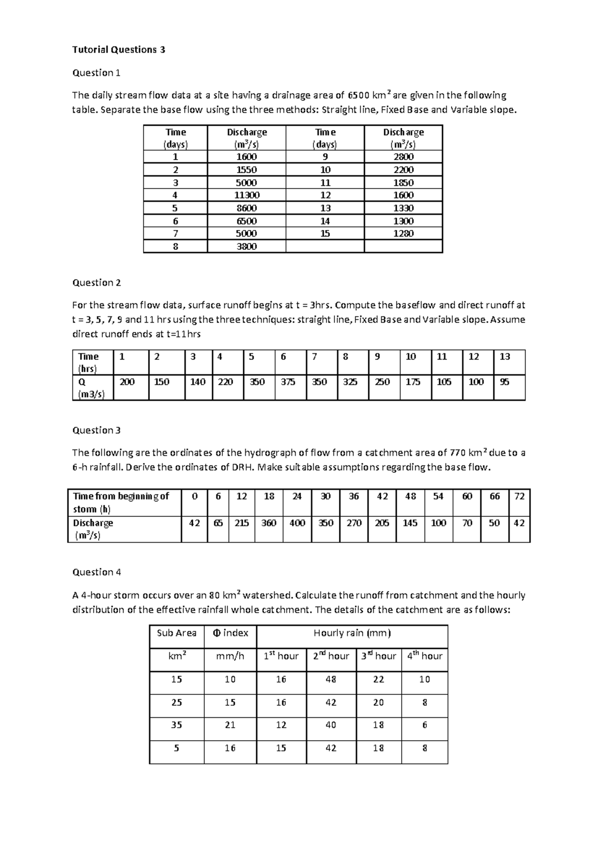Tutorial Questions for Week 3: Base Flow Analysis Techniques - Studocu
