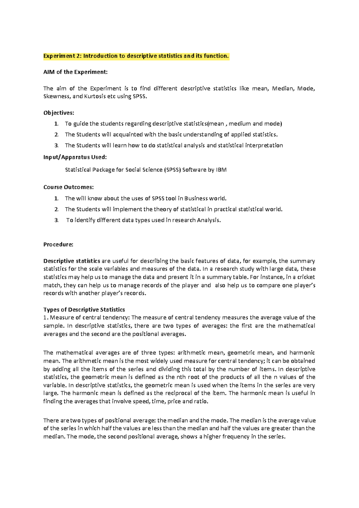 Descriptive Statistics Lab Exercise - Experiment 2 (SPSS Analysis ...