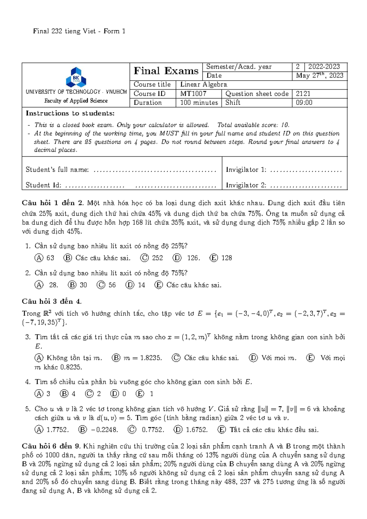 Final Exam MT1007 Linear Algebra - Form 1, 2, and 3 (VNUHCM) - Studocu