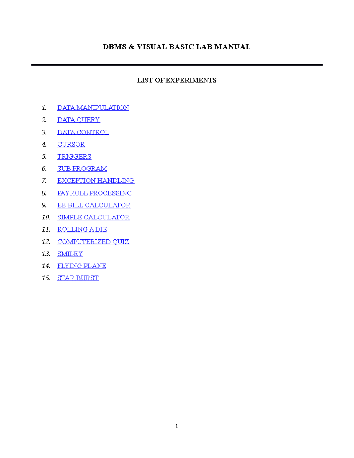 DBMS & Visual Basic Lab Manual 2018: Experiments Overview - Studocu