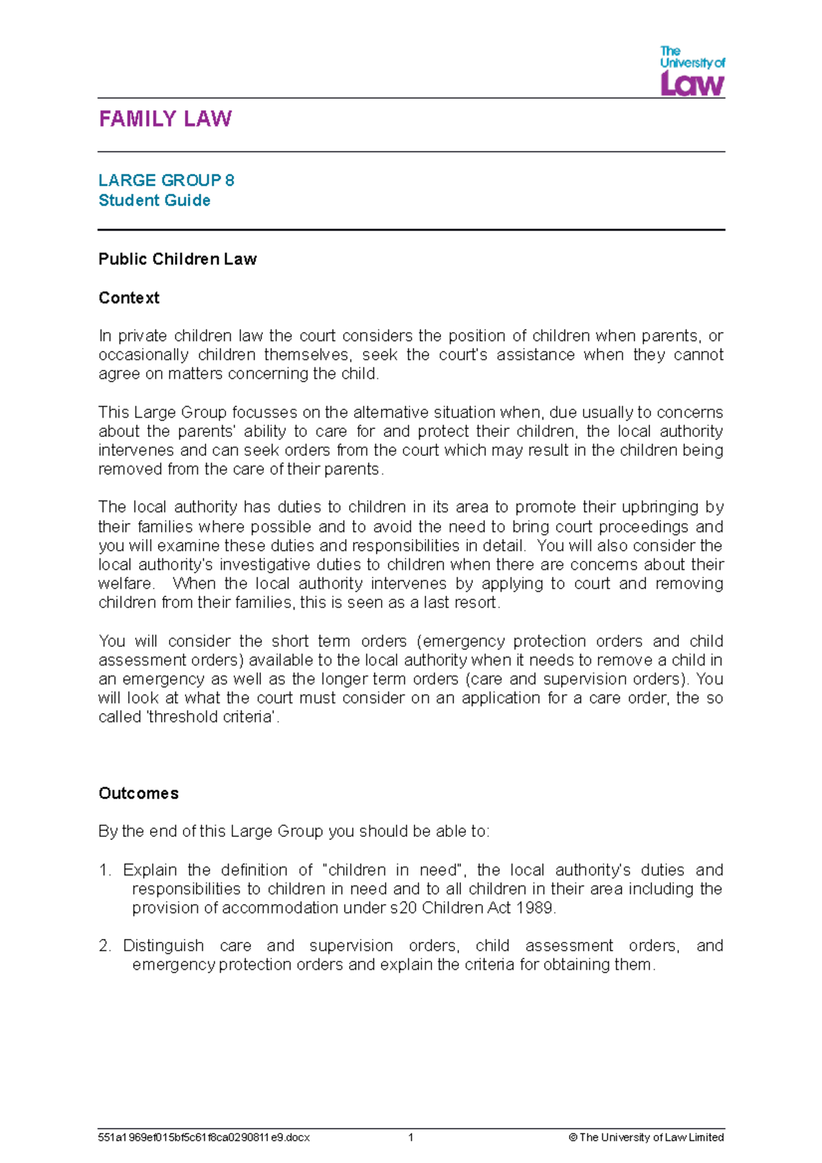 LG8 - lg8 - FAMILY LAW LARGE GROUP 8 Student Guide Public Children Law ...