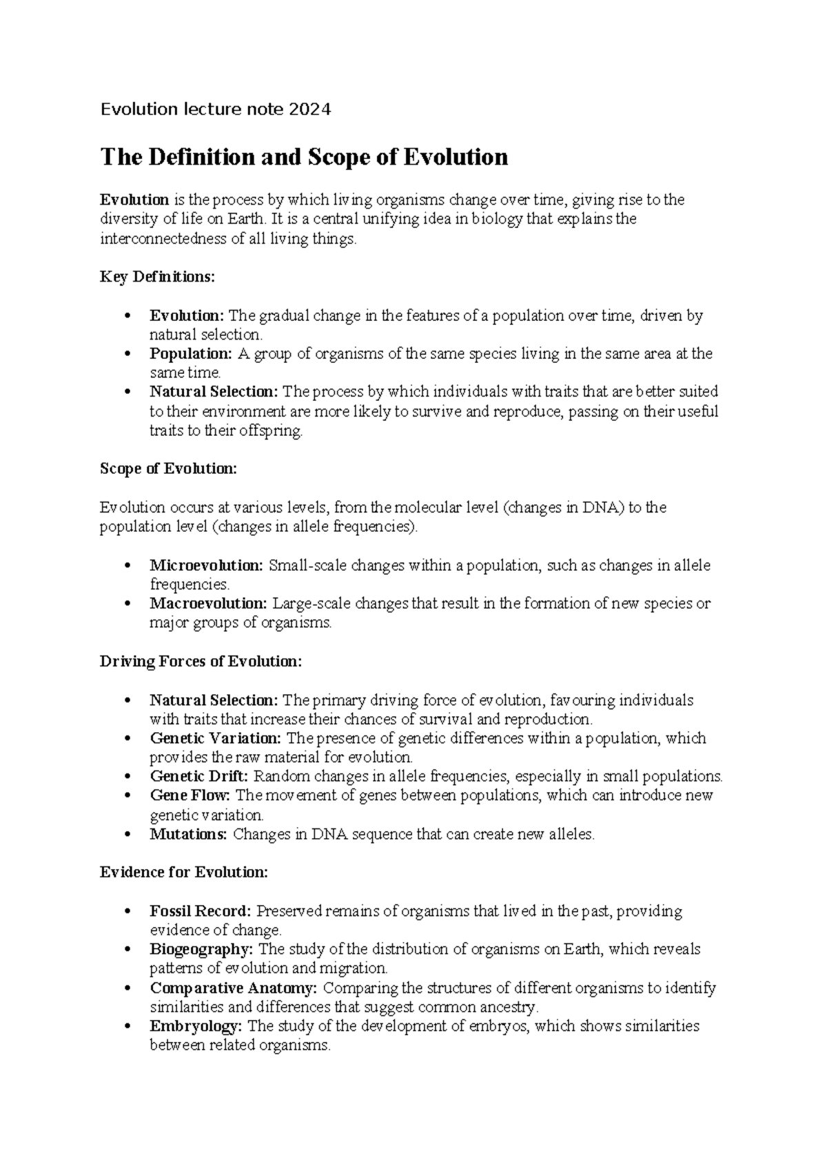 Evolution Lecture Notes 2024: Key Concepts and Historical Context - Studocu