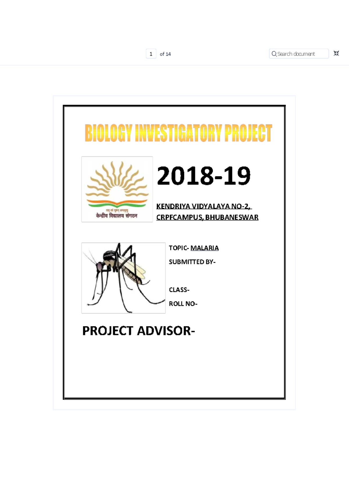 Class 12 Biology Investigatory Project on Malaria - Studocu