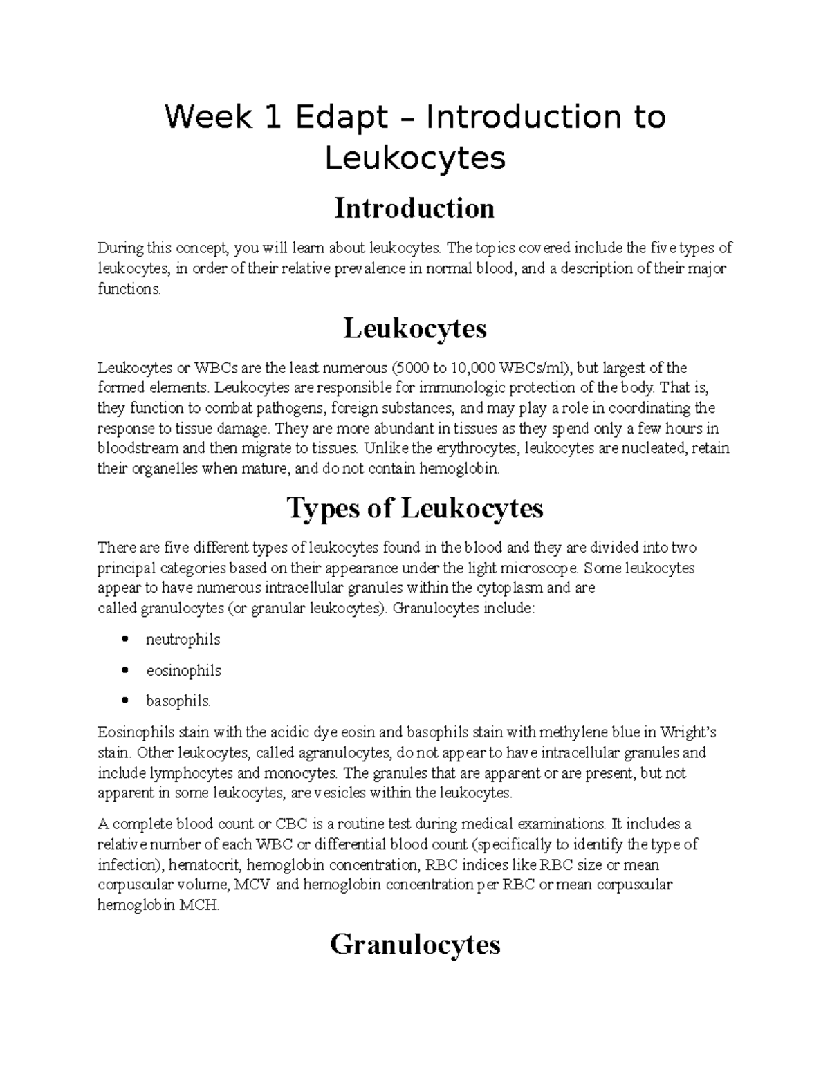 Week 1 edapt notes - Week 1 Edapt – Introduction to Leukocytes ...
