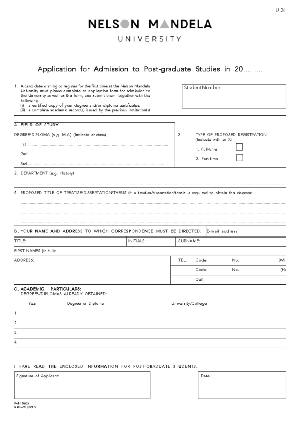 U.24 Postgraduate Admission Application Form - NMU 696 - Studocu