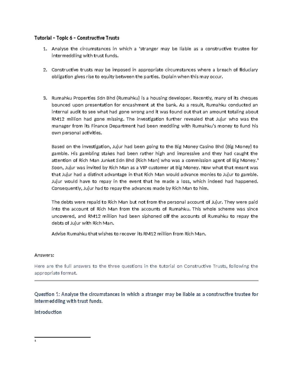 Tutorial - Topic 6: Constructive Trusts Analysis & Case Study (Week 11 ...