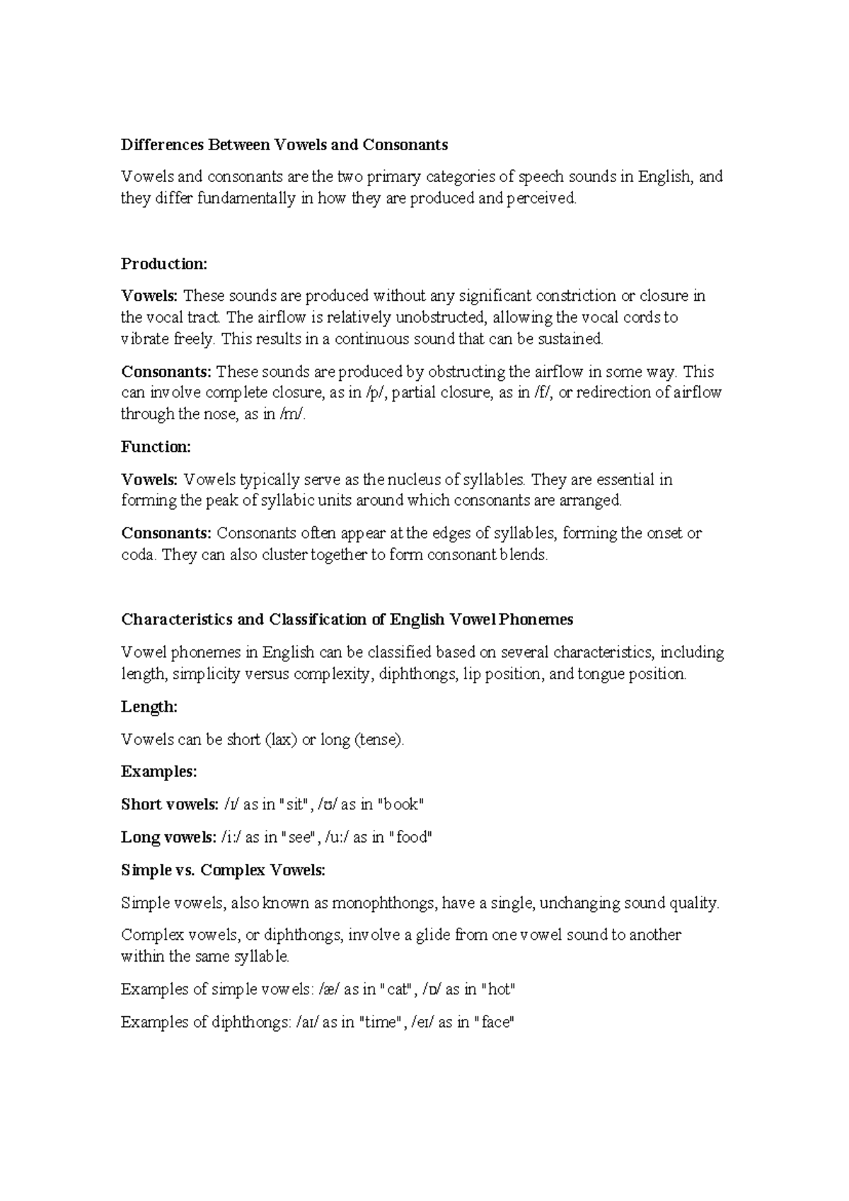 Differences Between Vowels and Consonants: A Phonetic Study - Studocu