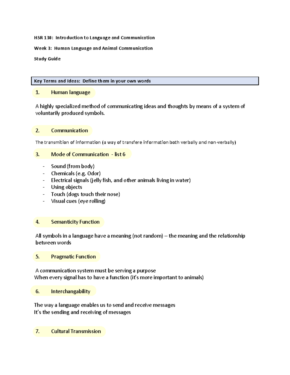HSR 130: Week 3 Study Guide on Human Language & Animal Communication ...