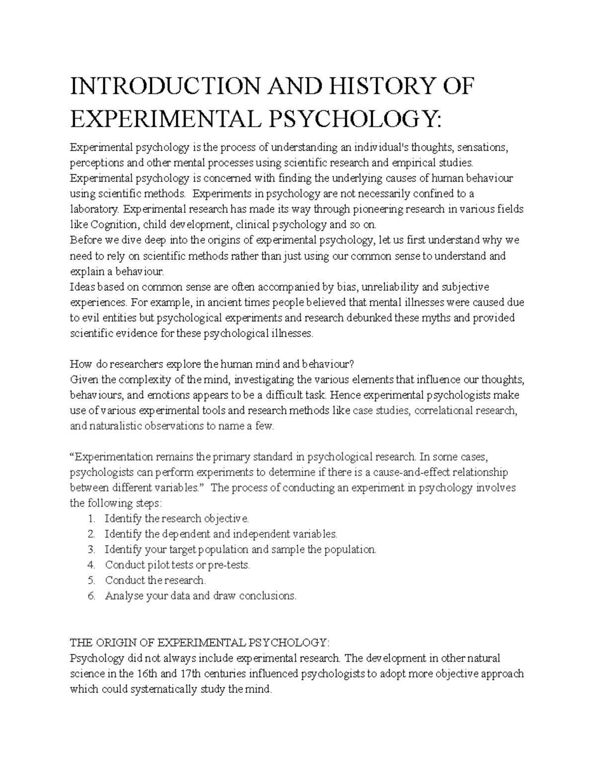 Introduction AND History OF Experimental Psychology - INTRODUCTION AND ...
