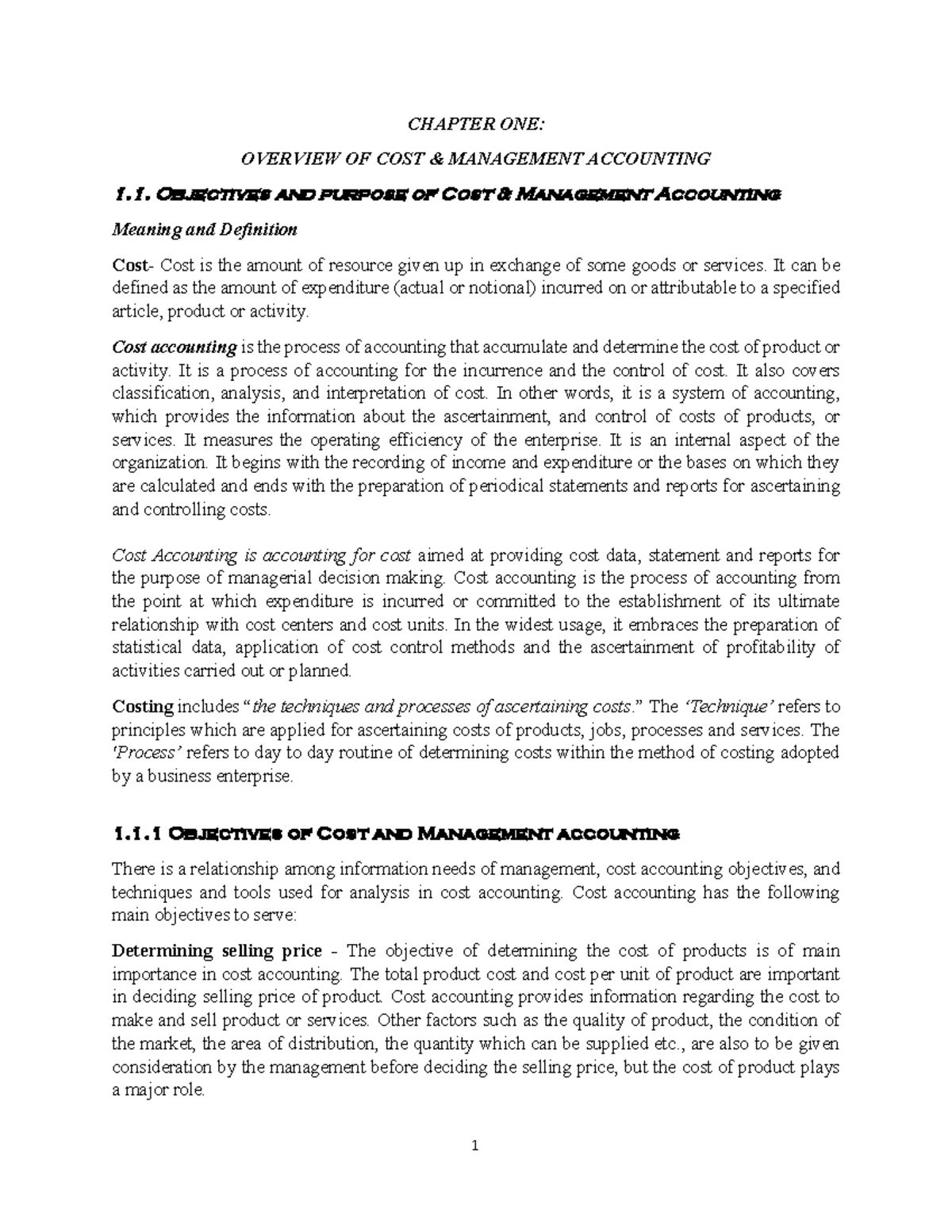 Cost I Chapter 1: Overview of Cost & Management Accounting - Studocu