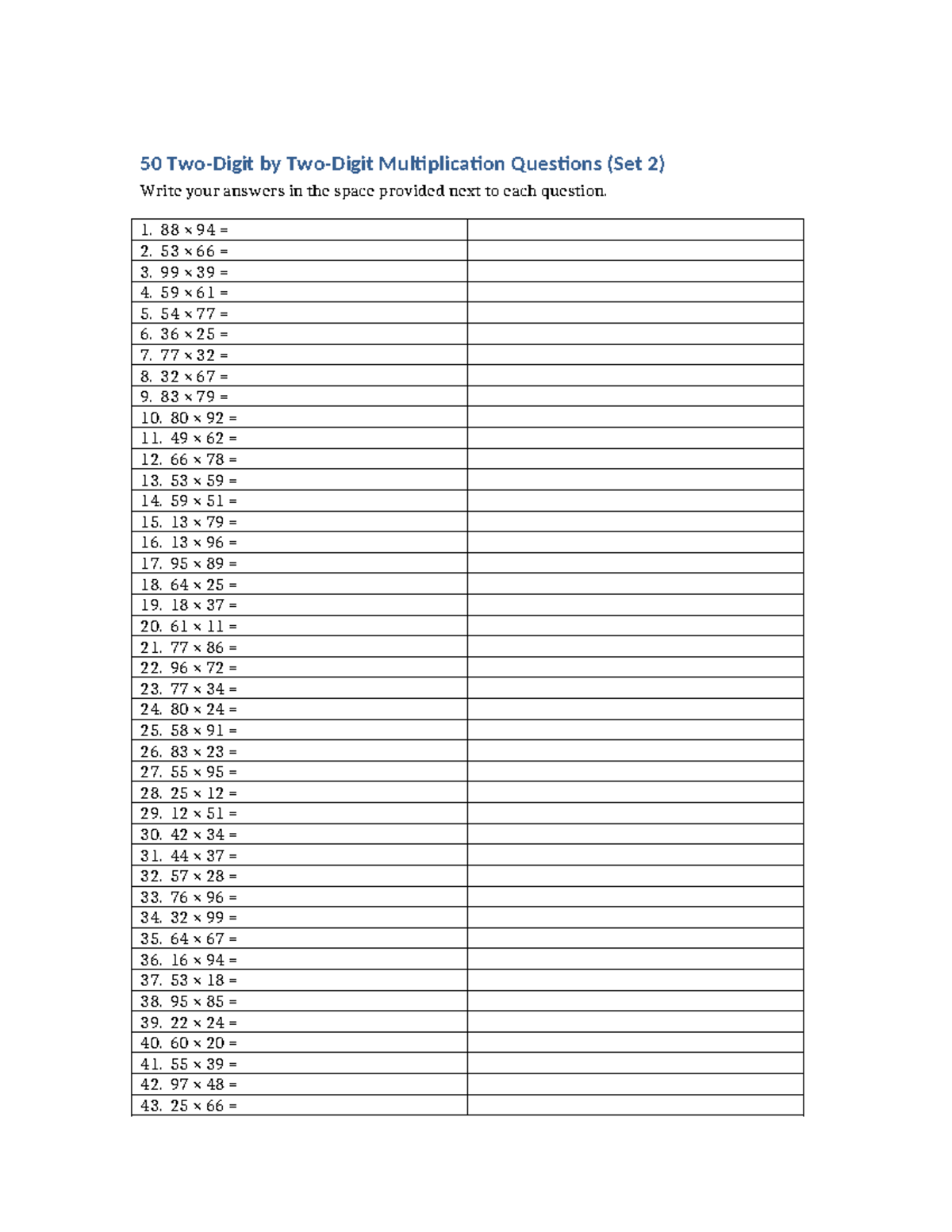 50 Multiplication Questions (Set 2) - 2 Digit x 2 Digit - Studocu