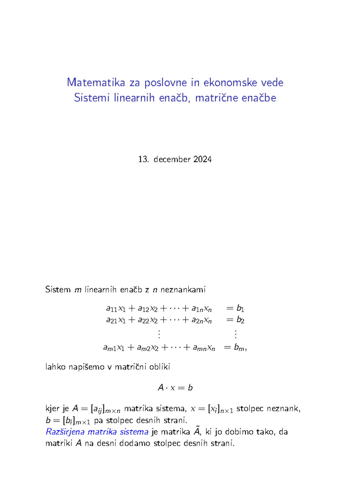 Mpev24 12 - Sistemi linearnih enačb in matrike - Studocu