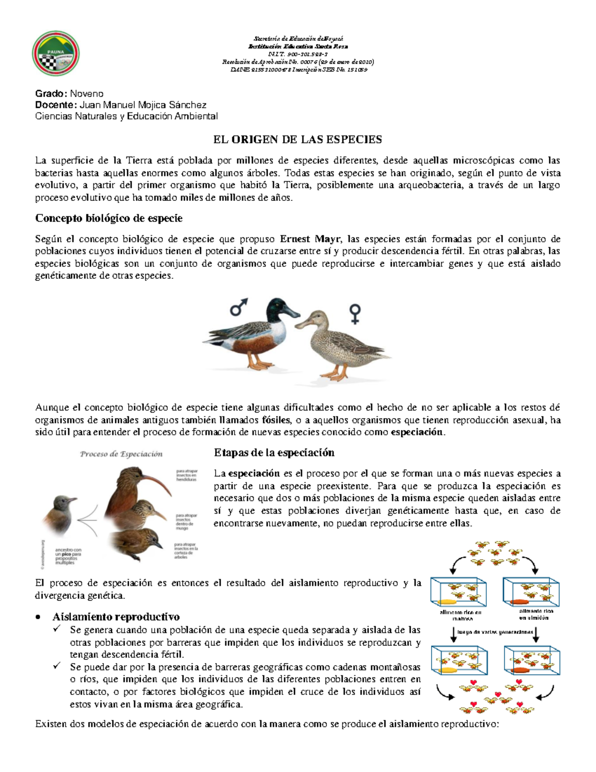 GUÍA DE CIENCIAS NATURALES: ORIGEN DE LAS ESPECIES - GRADO 9 - Document Preview