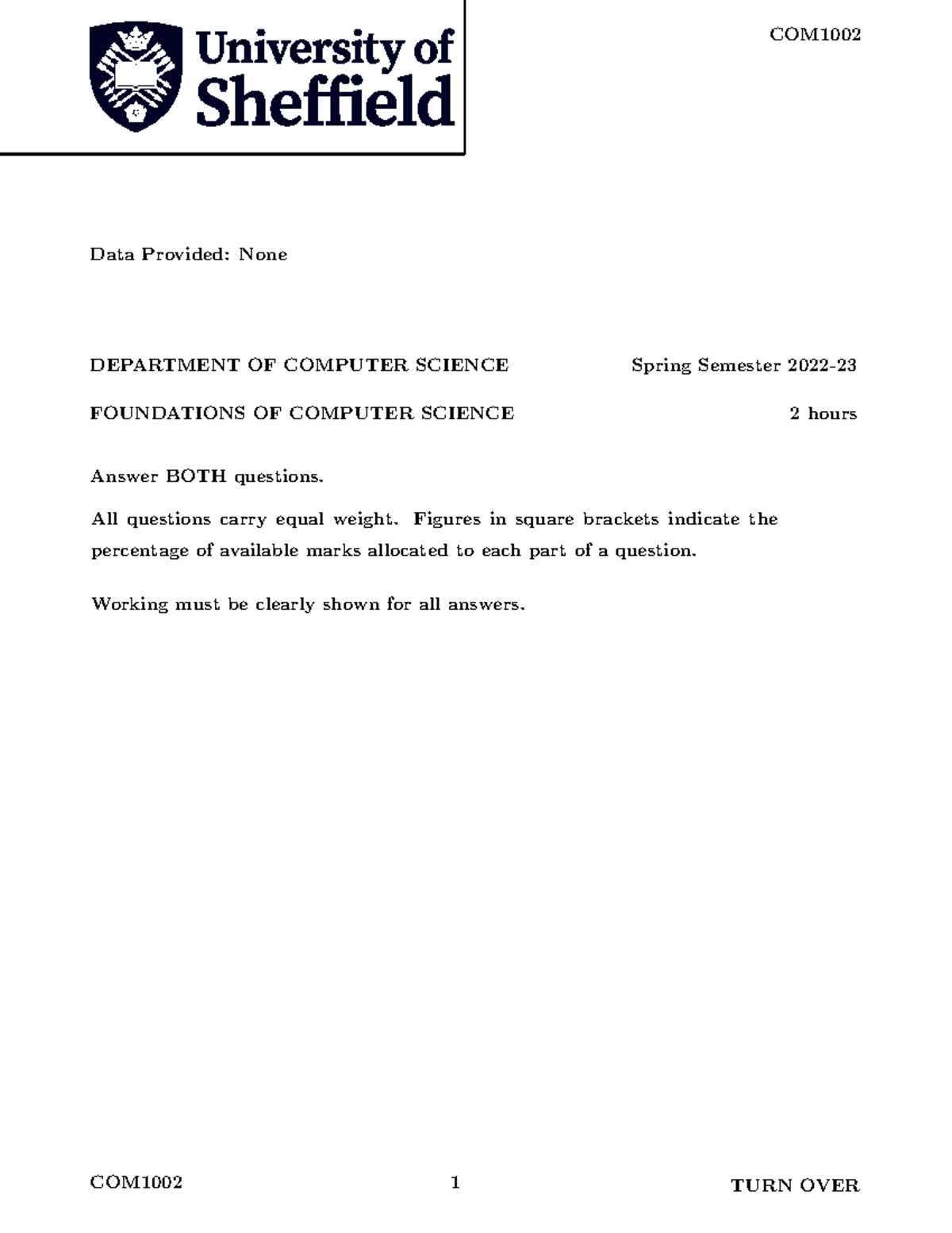 COM1002 Past Exam Questions for Foundations of Computer Science - Studocu