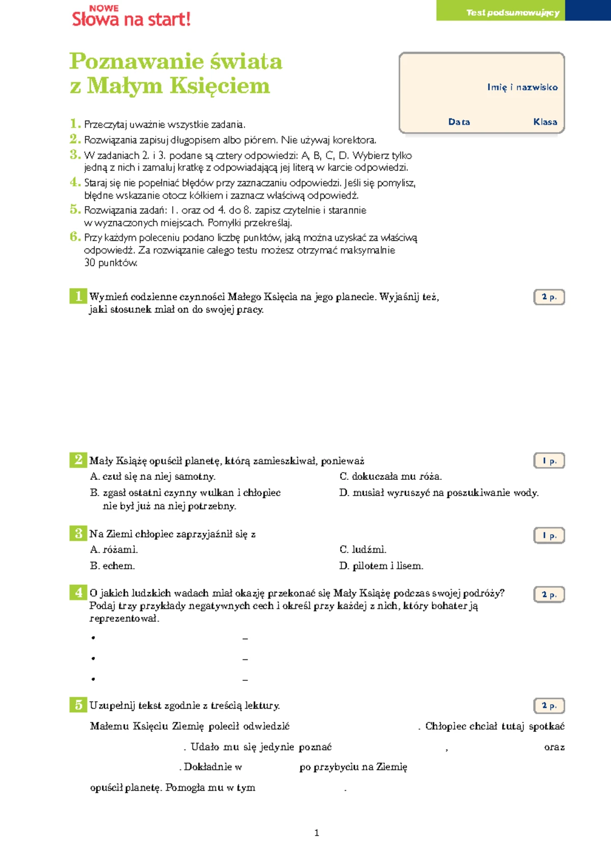 Polski Klasa 5 Sprawdzian Z Działu 3