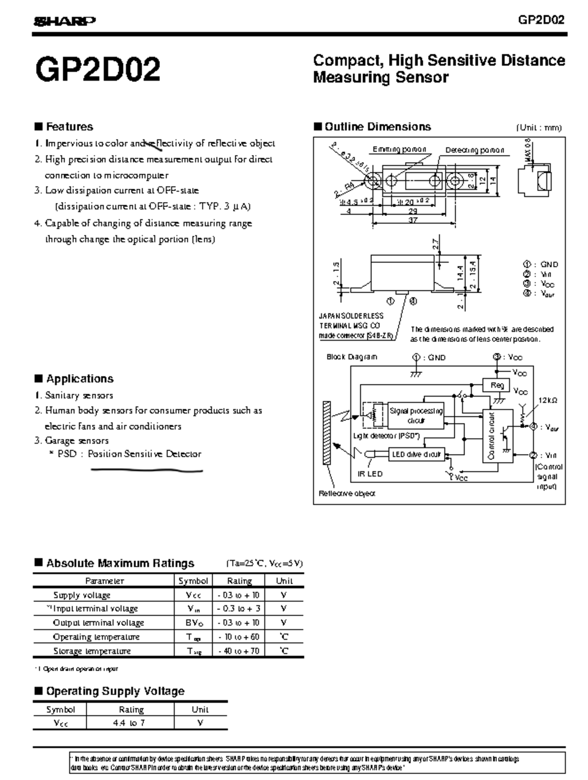 GP2D02 - Distance Measuring Sensor Manual and Specifications - Studocu