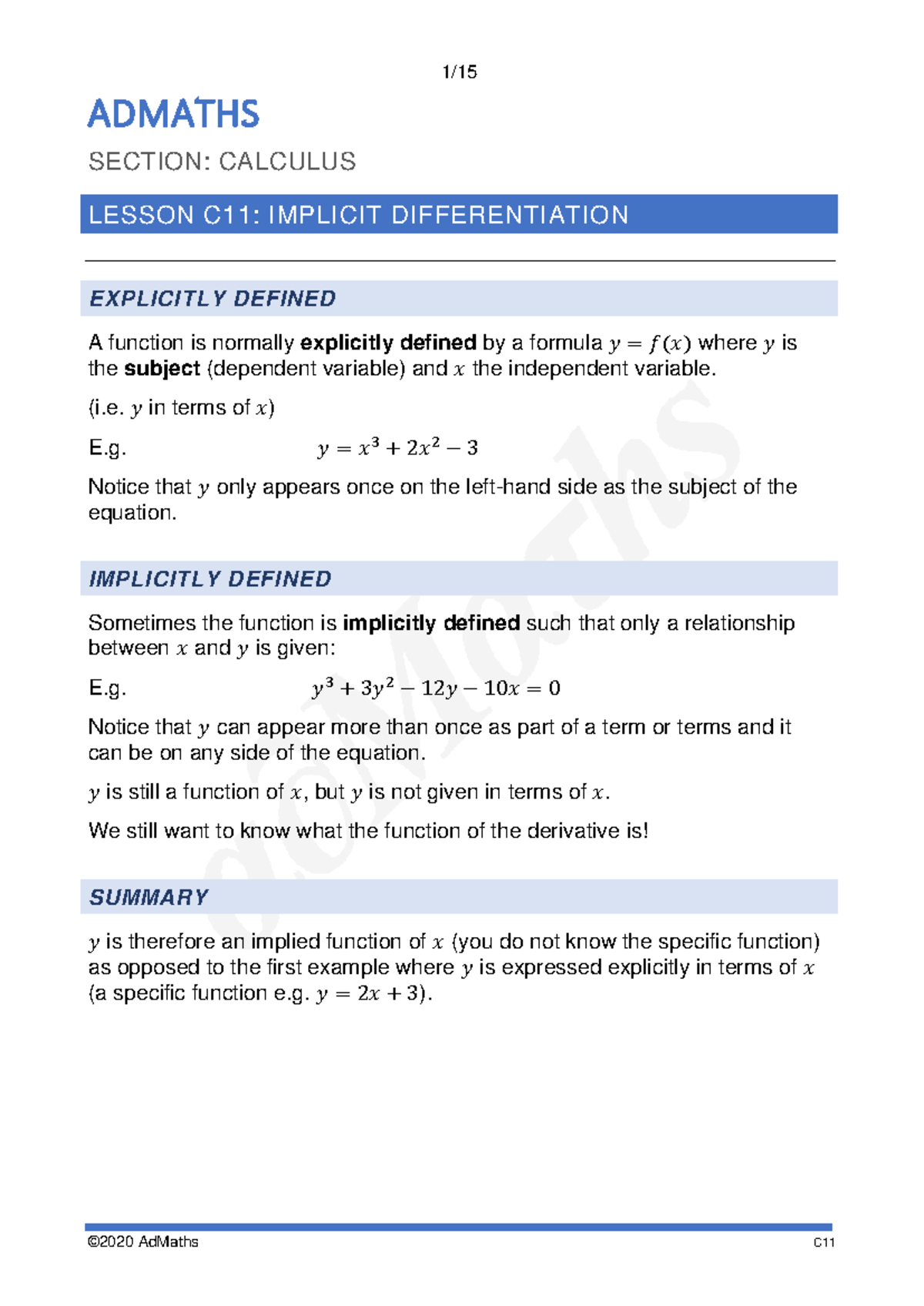 C11 Final Exam Notes on Implicit Differentiation in Calculus - Studocu