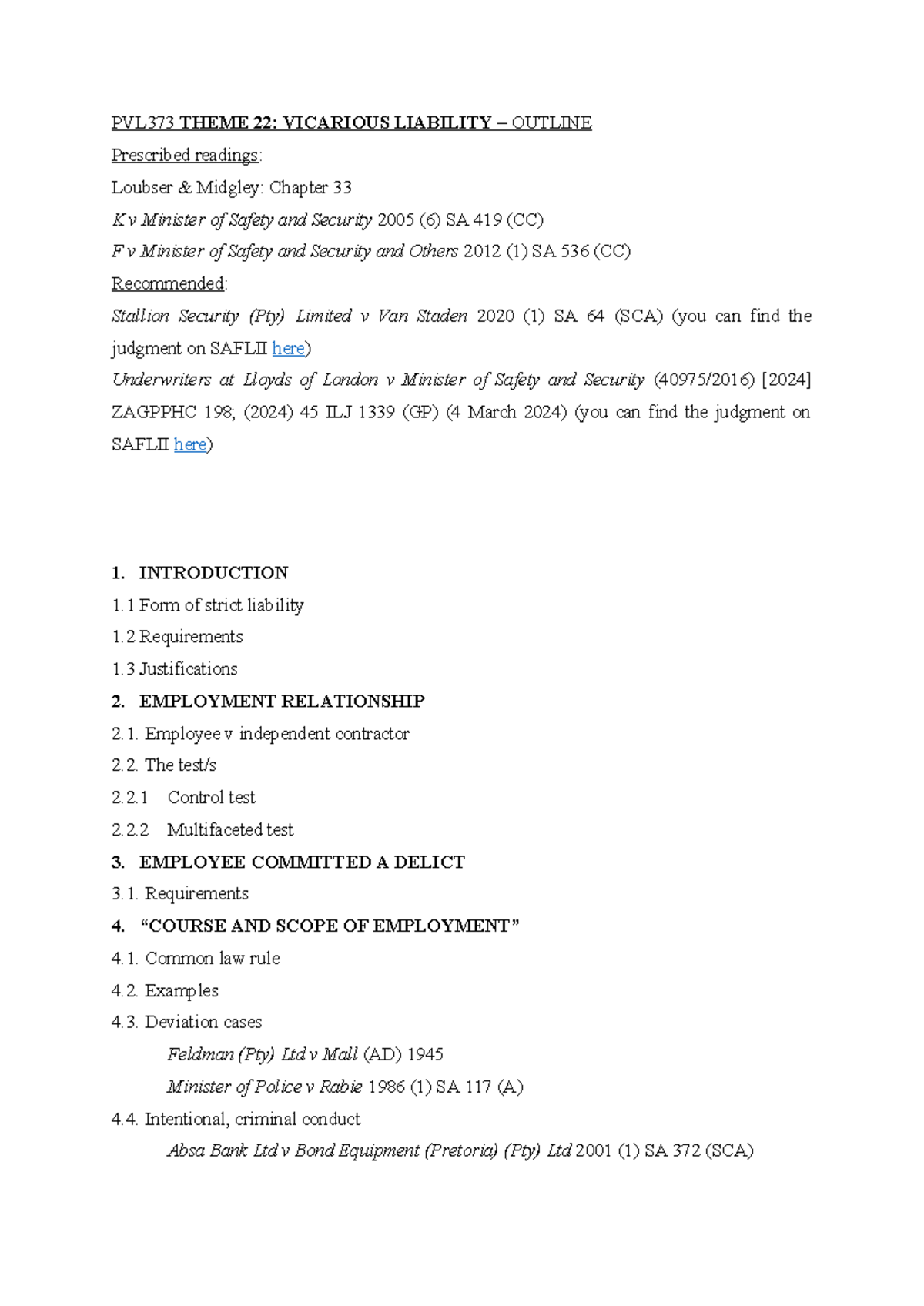 PVL373 Vicarious Liability Theme 22 Outline and Key Concepts - Studocu