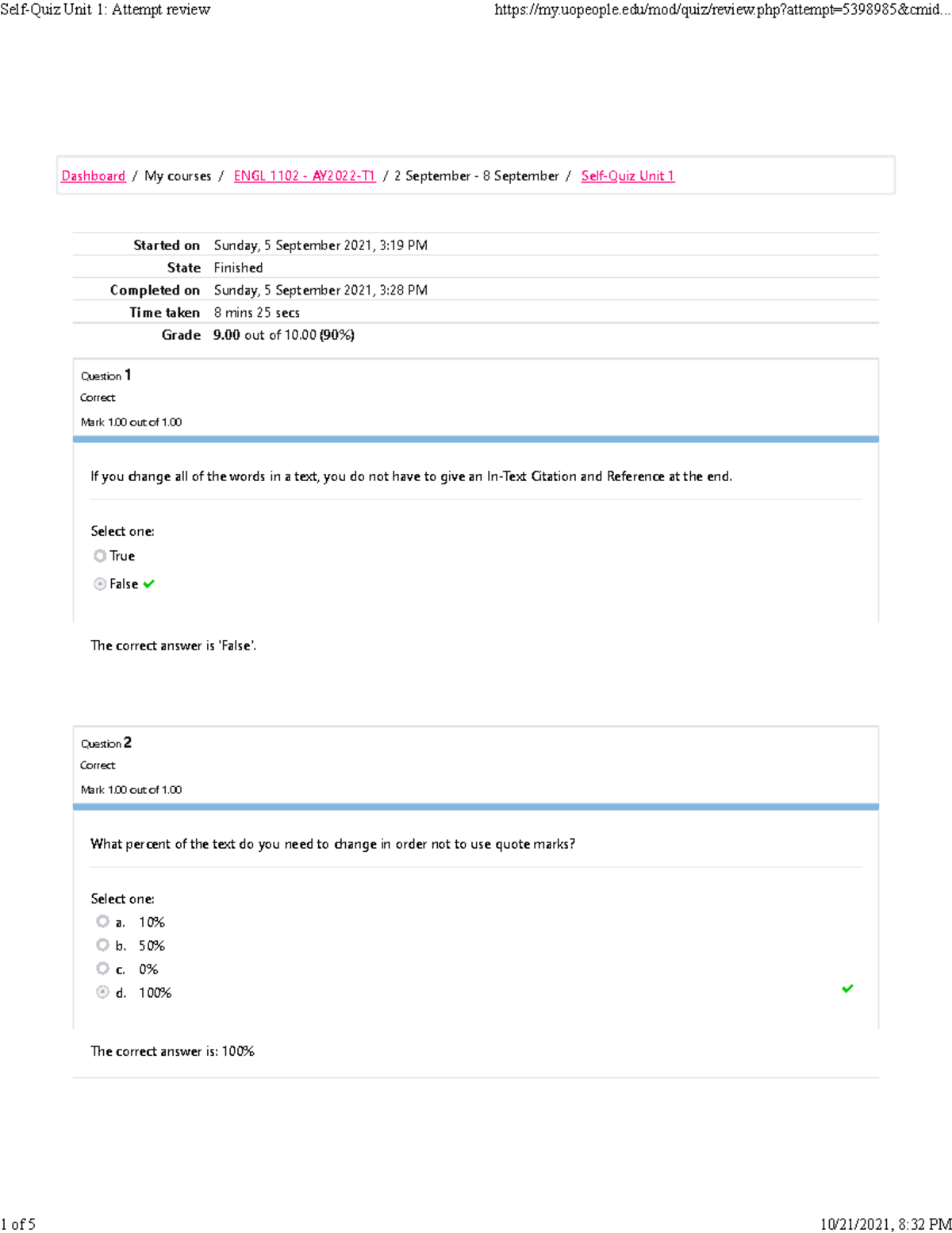 ENGL 1102 Self-Quiz Unit 1 Attempt review 1 - Started on Sunday, 5 ...