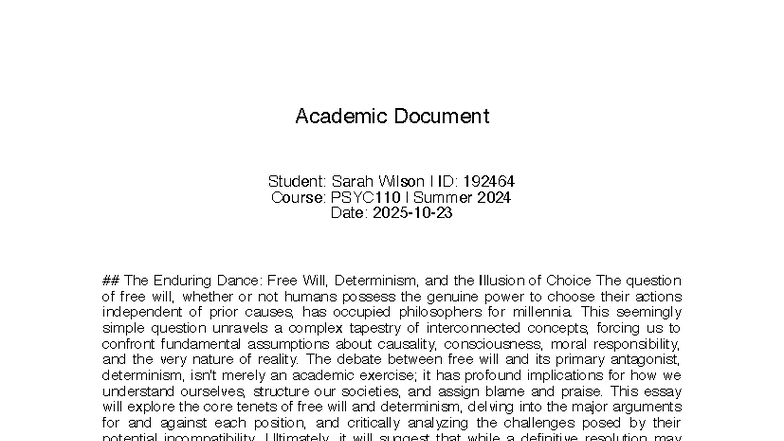 PSYC110 Essay: Free Will vs. Determinism - A Critical Analysis - Studocu