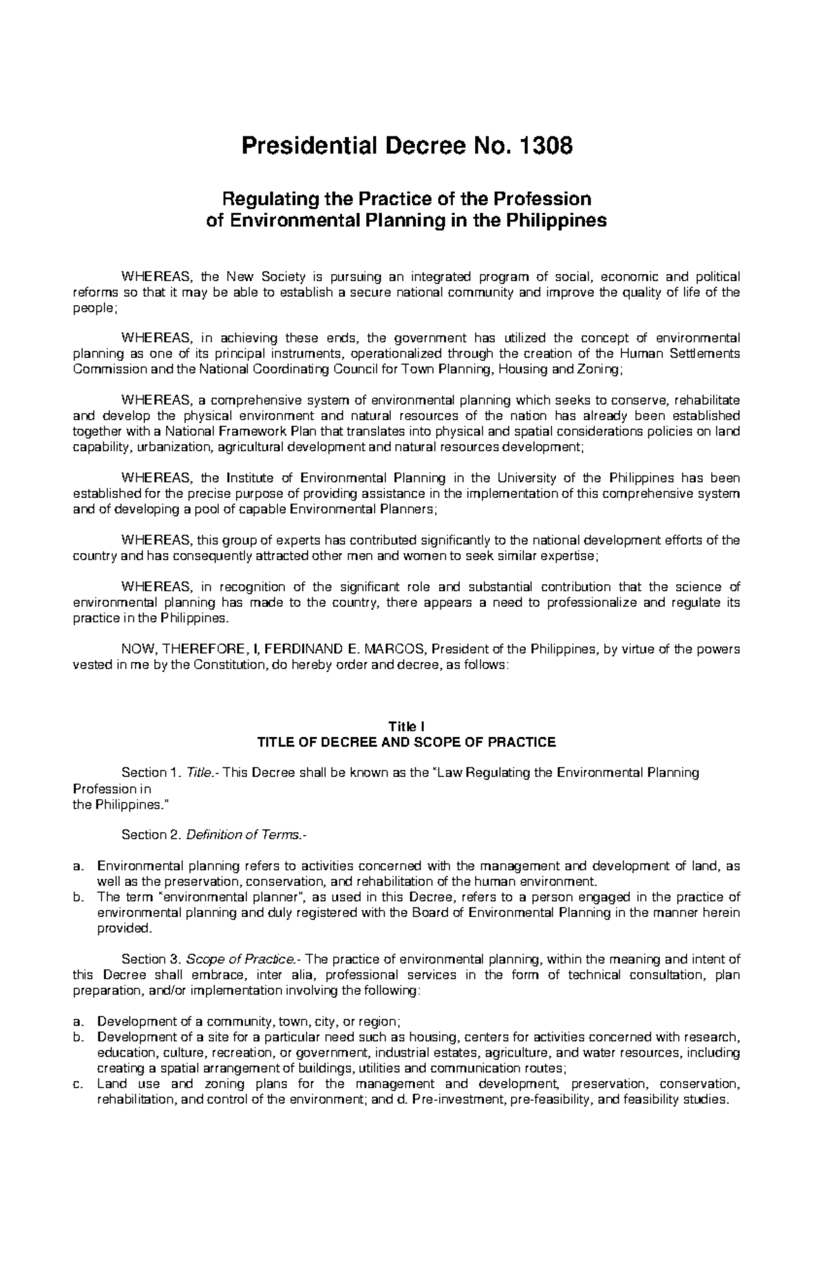 PD 1308 - Environmental Planning Profession Regulation in the ...