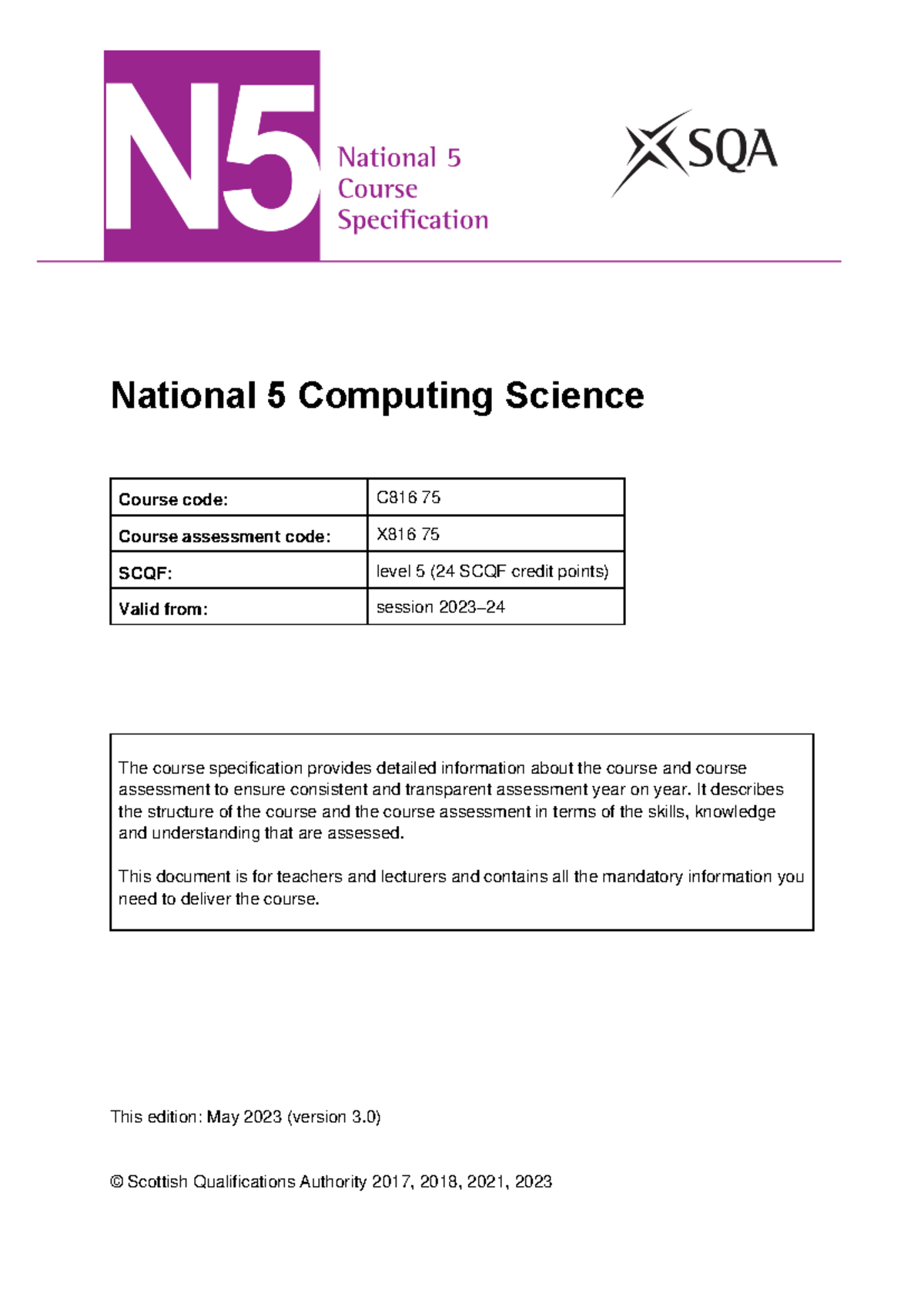 National 5 Computing Science Course Specification (C816 75) - Studeersnel