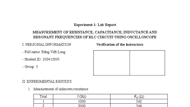 Experiment 1: Lab Report on RLC Circuit Measurements - Studocu