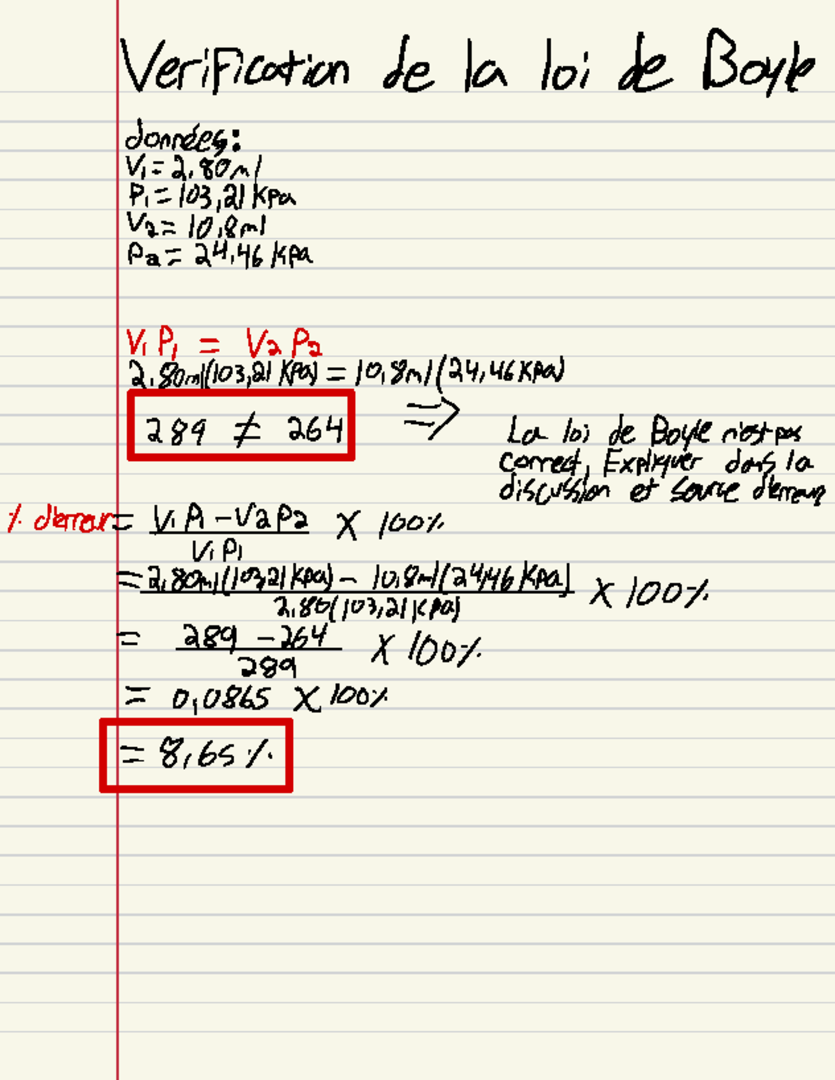 Calculs(Boyle) lab 1 - Verification de la loi de Boyle donnees : Vi = 2 ...
