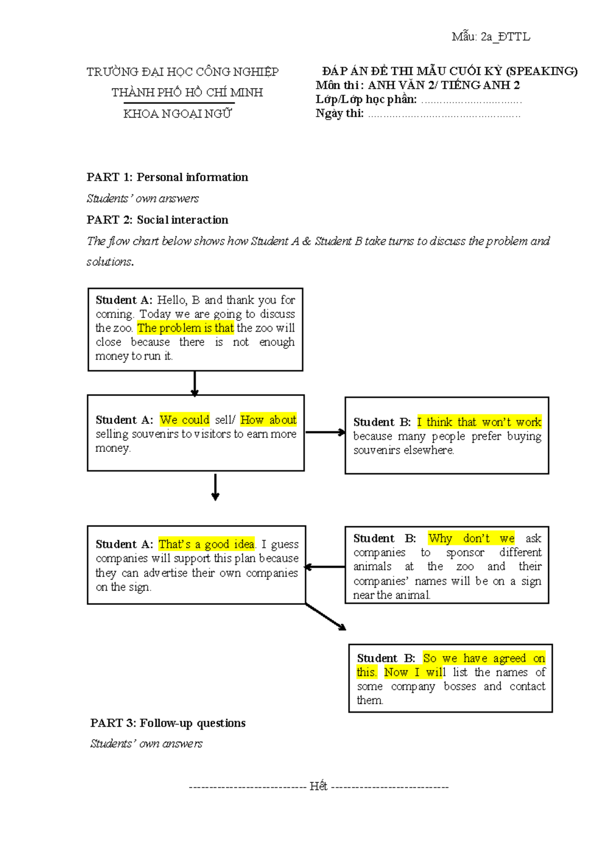 KEY Sample Final Speaking TEST English 2 - Student A: Hello, B and ...